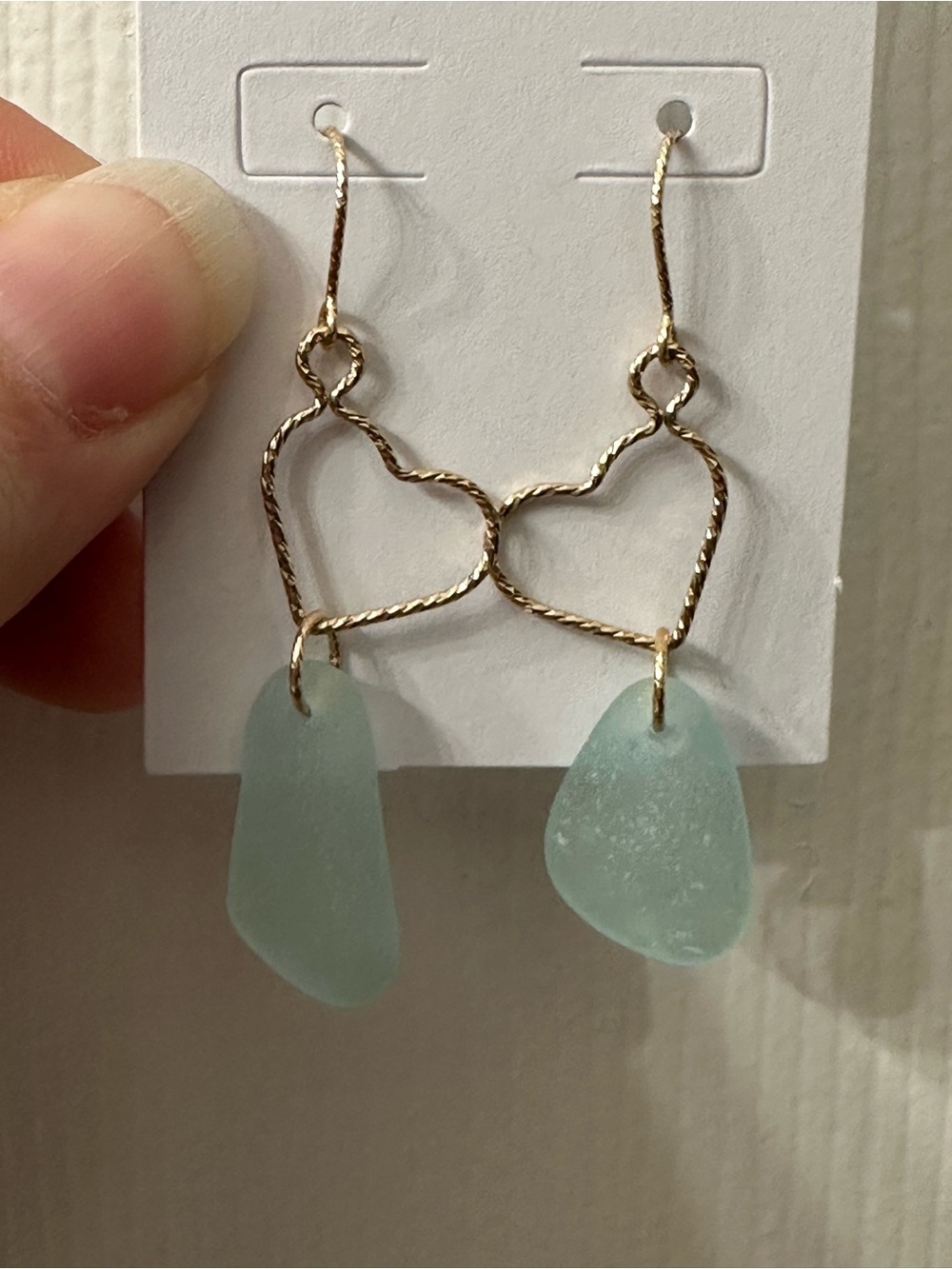 14k Gold-Filled Earrings Seaglass Earrings Genuine Light Aqua Hearts Beachy 2”
